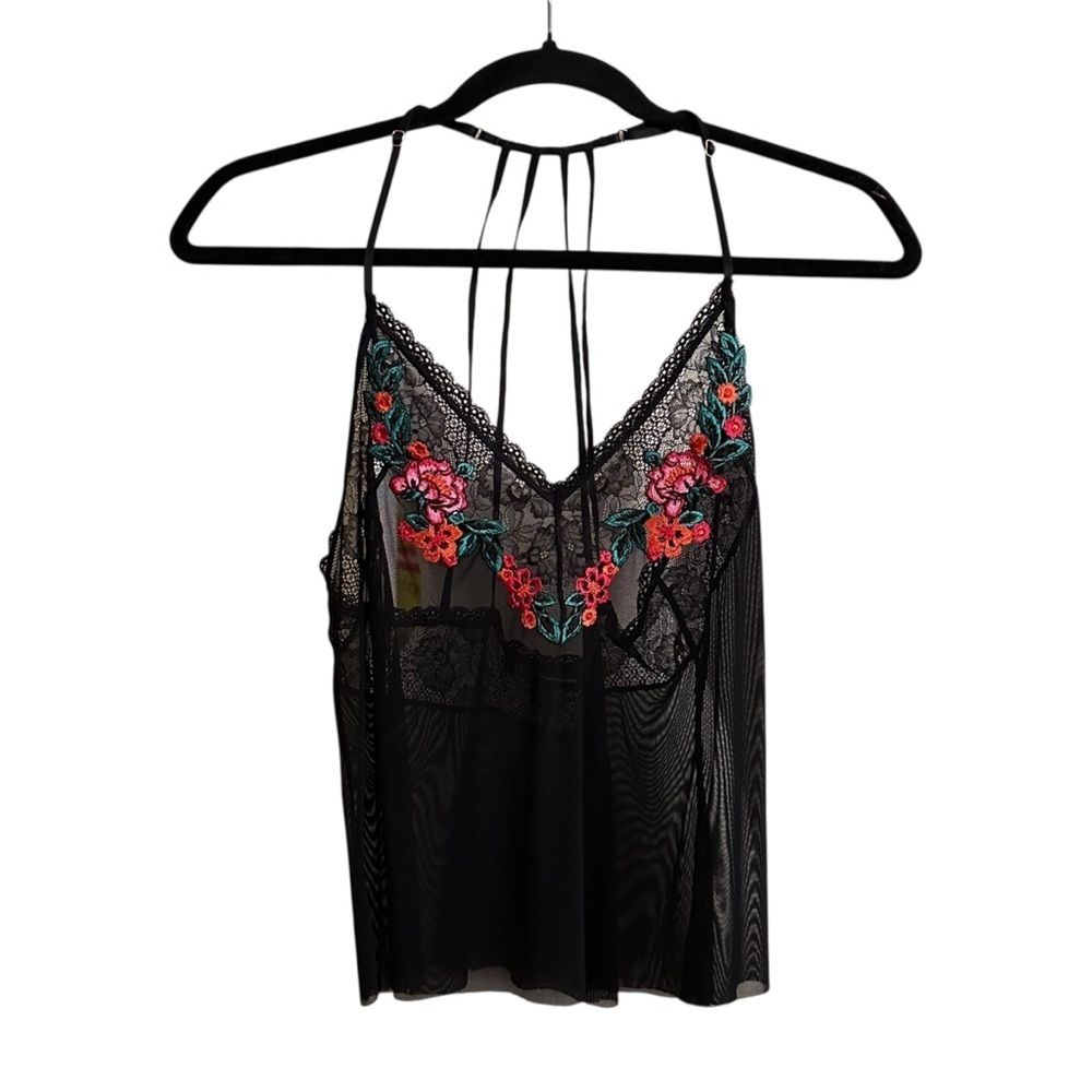 INC Sheer Black Lacey Strappy Camisole Floral Embroidery Lingerie Inspired Sz‎ M
